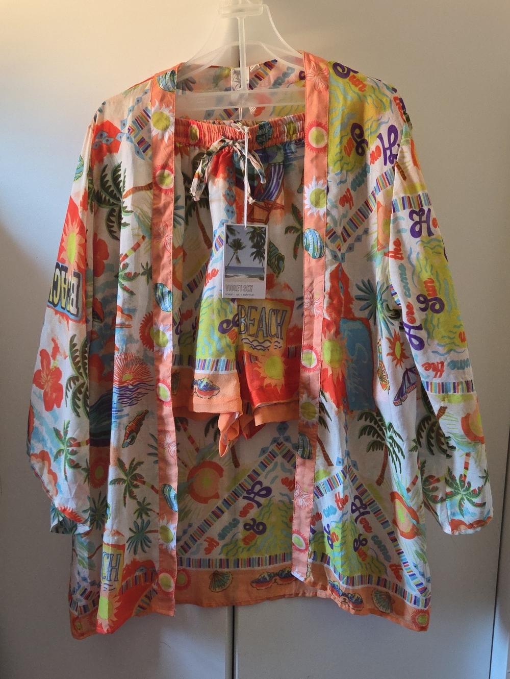 Multicolor Beach-Print Lightweight Kimono Robe with Matching Shorts